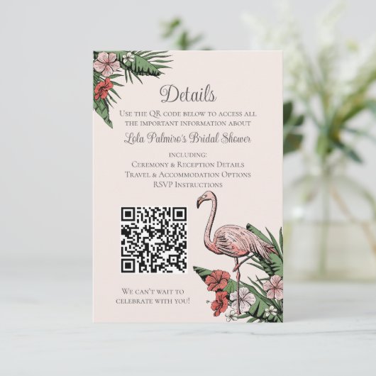 Bruidsfeest Website QR Code Roze Flamingo Informatiekaartje (Staand voorkant)
