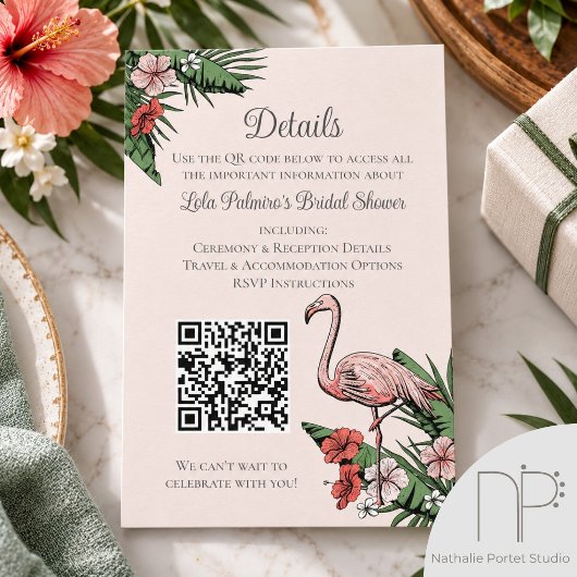 Bruidsfeest Website QR Code Roze Flamingo Informatiekaartje