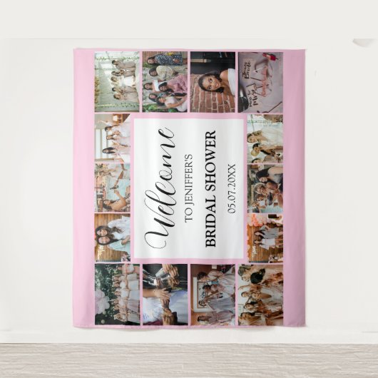 Bruidsfeest Welcome Script Roze 14 Foto Collage Wandkleed (Voorkant)