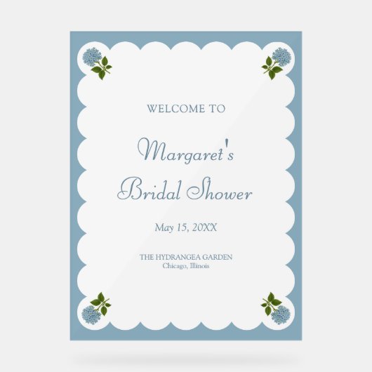Bruidsfeest Welkom Bord Stof Blauw Hydrangea (Voorkant)