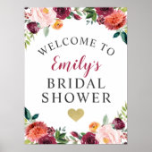 Bruidsfeest welkom rustig burgundy herfst bloemen poster (Voorkant)
