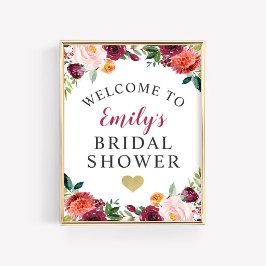 Bruidsfeest welkom rustig burgundy herfst bloemen poster