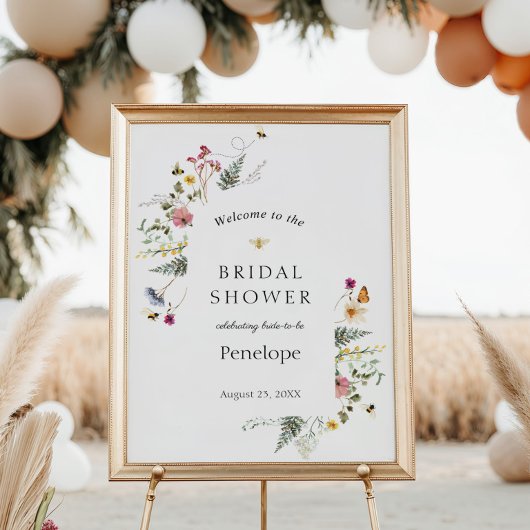 Bruidsfeest welkomstbord met wilde bloemen en bije poster