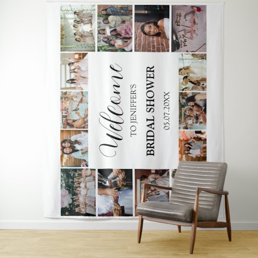 Bruidsfeest welkomstscript minimaal foto collage wandkleed (In situ)