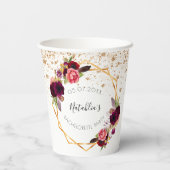 Bruidsfeest wit burgundy bloem glitters papieren bekers (Achterkant)