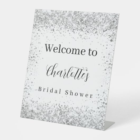 Bruidsfeest witte zilveren confetti script welkom reclamebord met voetstuk (Voorkant)