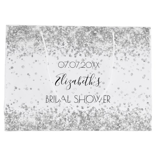 Bruidsfeest witte zilveren glitters naam groot cadeauzakje (Achterkant)