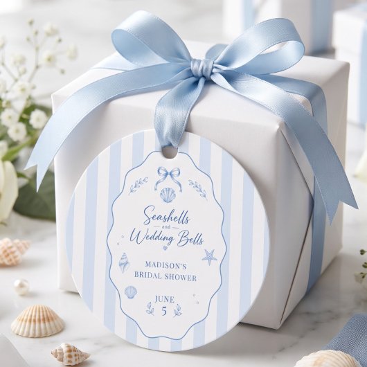 Bruidsfeest zeeschelp blauw gestreepte strik bedankjes labels