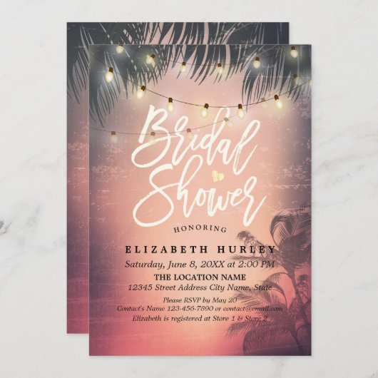 Bruidsfeest zomer strand palmbomen slingerlicht kaart (Voorkant / Achterkant)