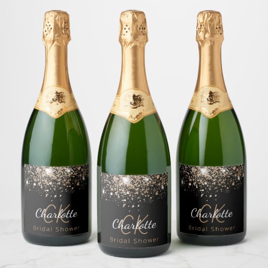 Bruidsfeest zwart goud glinsterende monogram initi sparkling wijnetiket (Flessen)