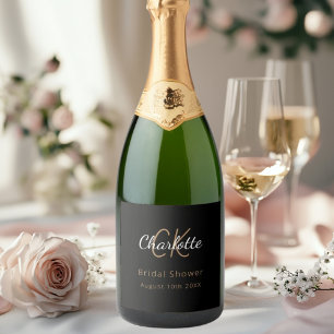 Bruidsfeest zwart goud monogram sparkling wijnetiket
