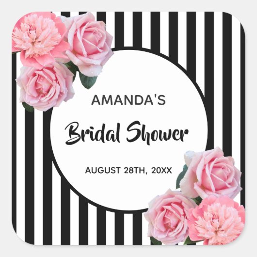 Bruidsfeest zwart witte strepen roze bloemen vierkante sticker (Voorkant)