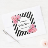 Bruidsfeest zwart witte strepen roze bloemen vierkante sticker (Envelop)