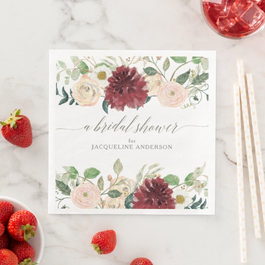 Bruidsfeestje herfst burgundy roos bloemig blad servet (Insitu)