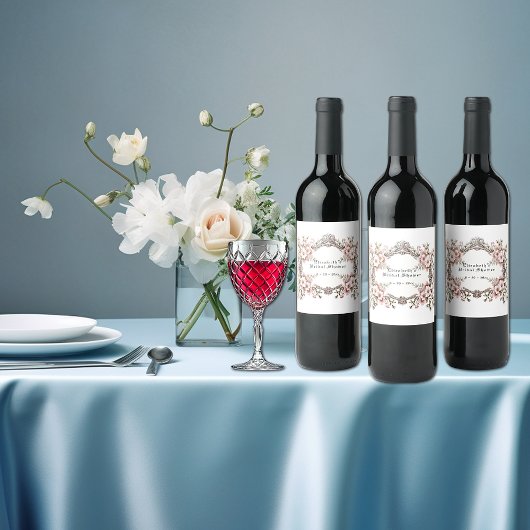 Bruidsfeestje Vintage Zilveren Lijst Roze Rozen Wijn Etiket