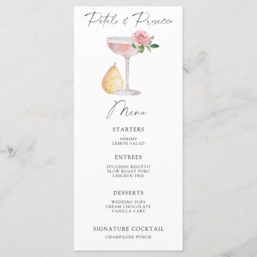 Bruidsfeestmenu met bloemblaadjes en Prosecco Menu (Voorkant)