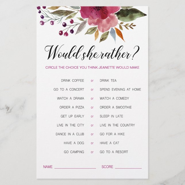 Bruidsfeestspel: 'Flowers Would She Rather' (Voorkant)