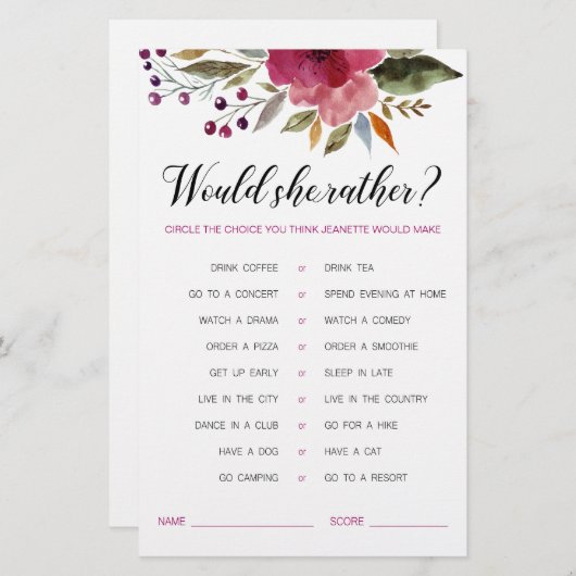 Bruidsfeestspel: 'Flowers Would She Rather' (Voorkant / Achterkant)