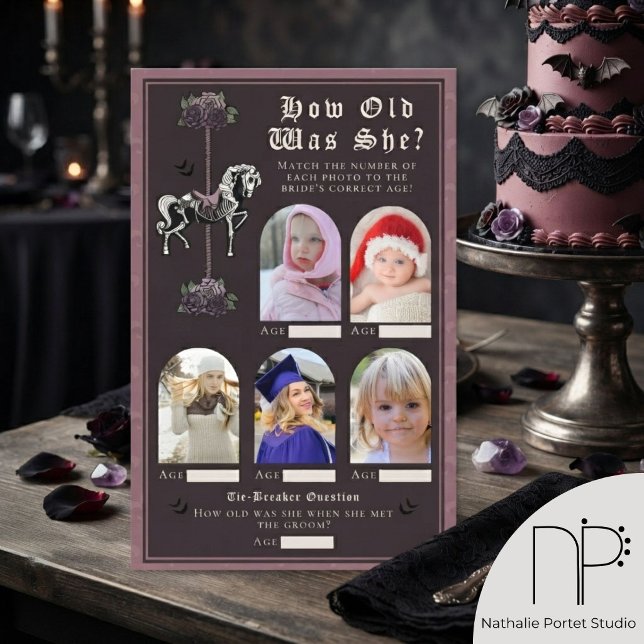Bruidsfeestspel: Hoe oud was het skeletpaard? (hand-drawn vintage carousel skeleton horse and mauve roses for a chic dark romance aesthetic. )