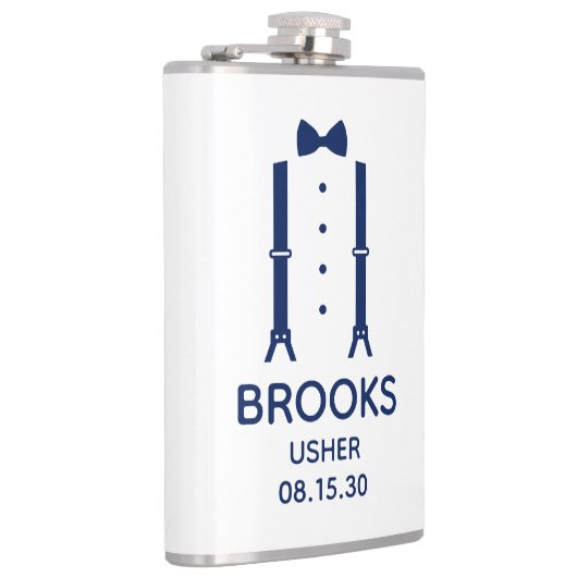 Bruidsjonker met blauwe vlinderdas heupfles (Rechts)