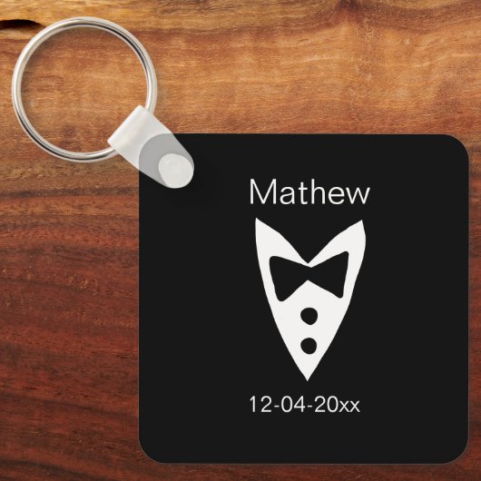 bruidsjonker naam jaar zwarte strik das smoking sleutelhanger (Voorkant)