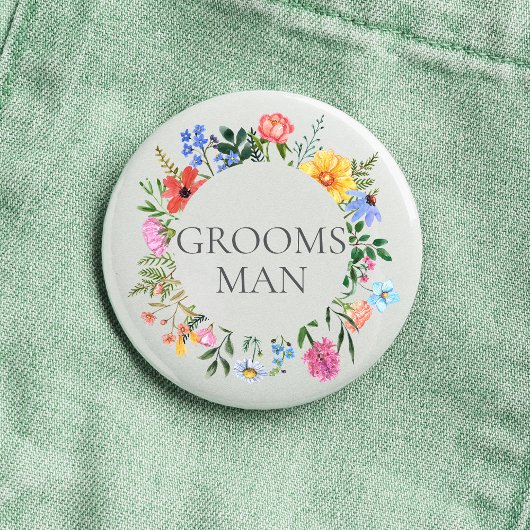 Bruidsjonker trouwen met wilde bloemen  ronde button 3,2 cm