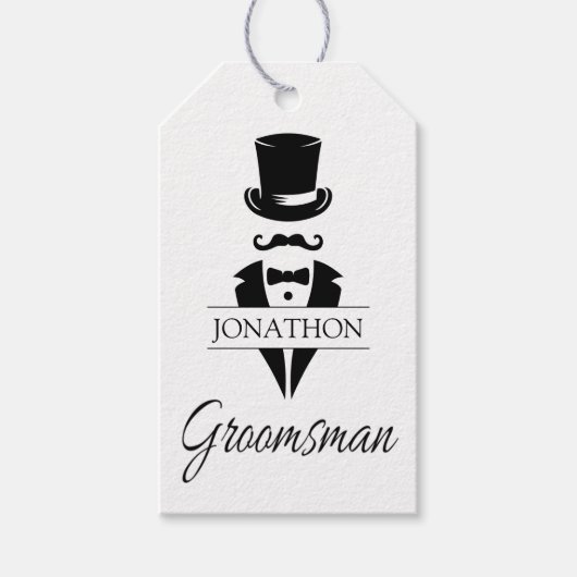 Bruidsjonker Zwart Tuxedo Hoed Naam Cadeaulabel (Voorkant)