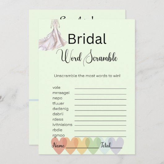 bruidsjurk bruids groen woord scramble spel kaart (Voorkant / Achterkant)