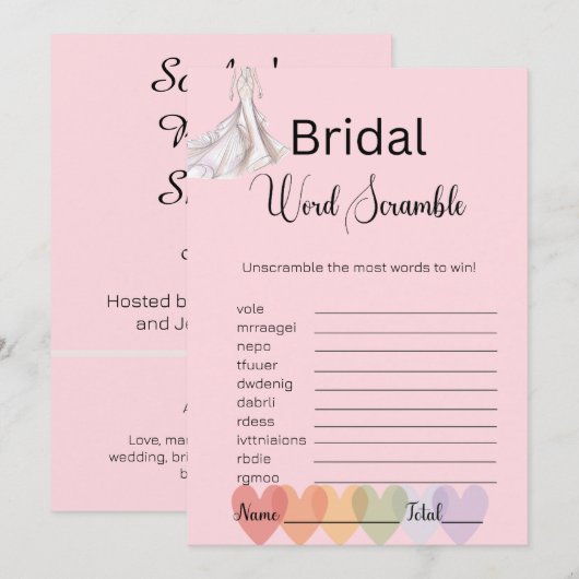 bruidsjurk bruids roze woord scramble spel kaart (Voorkant / Achterkant)