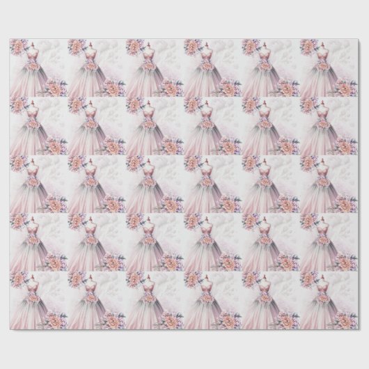 Bruidsjurk en botanische boeketten roze cadeaupapier (Vlak)