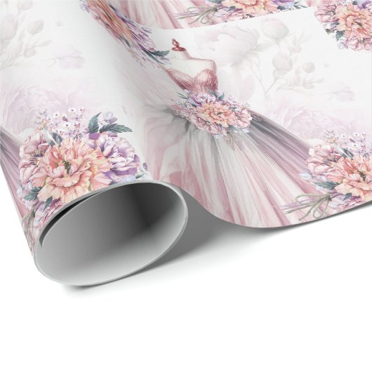 Bruidsjurk en botanische boeketten roze cadeaupapier (Rol Hoek)