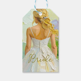Bruidsjurk in het wit op abstracte achtergrond cadeaulabel