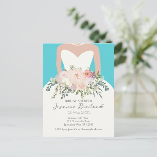 Bruidsjurk met bloemboeket bruidsdouche briefkaart (Staand voorkant)