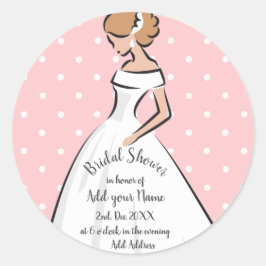 Bruidsjurk met roze polka stippen voor bruidsuitno ronde sticker