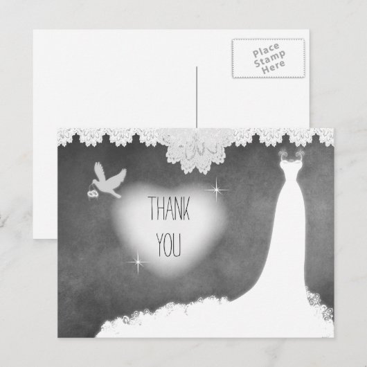 Bruidsjurk op schoolbord met kant & witte duif briefkaart (Voorkant / Achterkant)