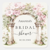 Bruidsjurk roze bloemen marmeren boog vierkante sticker (Voorkant)