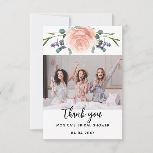 Bruidsjurk roze gouden lavendel bloemige foto bedankkaart (Voorkant)