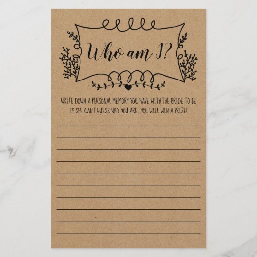 Bruidsjurk Shower Spelkaart Wie ben ik Flyer (Voorkant)