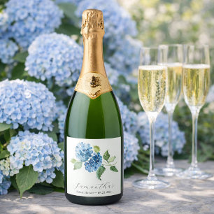 Bruidsjurk Shower Thema Blue Hydrangeas Sparkling Wijnetiket