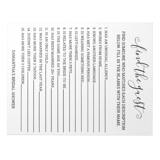 Bruidsjurk Shower Vind de gast spel Notitieblok (Voorkant)