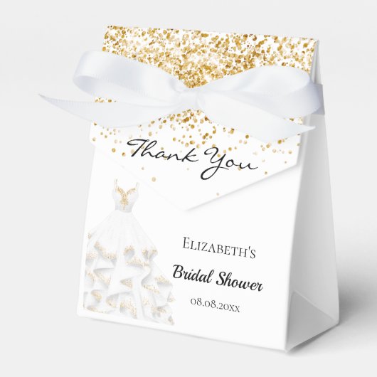 Bruidsjurk witte gouden glinsterende jurk dank je bedankdoosjes (Voorkant Zijde)