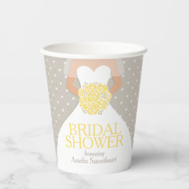 Bruidsjurk witte jurk gele rozen bruidsuitnodiging papieren bekers