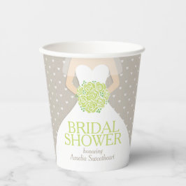 Bruidsjurk witte jurk groene rozen papieren bekers