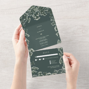 Bruidskaart Baby's Breath Smaragdgroene Trouw-RSVP All In One Uitnodiging
