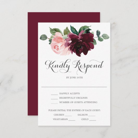 Bruidskaart Blush Burgundy RSVP Kaart (Voorkant / Achterkant)