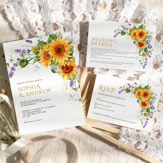 Bruidskaart met zonnnebloemen en lavendel RSVP