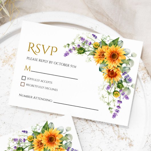 Bruidskaart met zonnnebloemen en lavendel RSVP