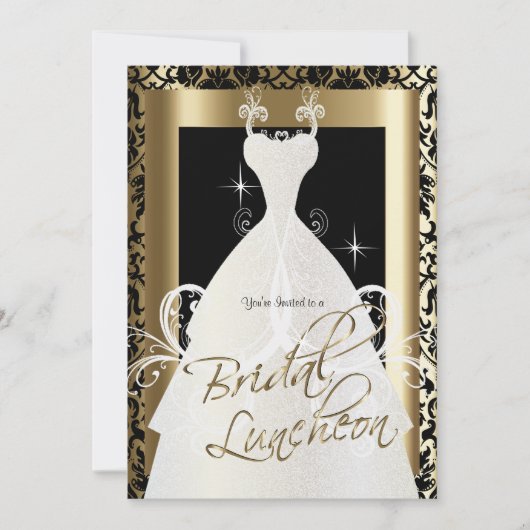 Bruidslunch in zwart Damast & Metallic Gold Kaart (Voorkant)