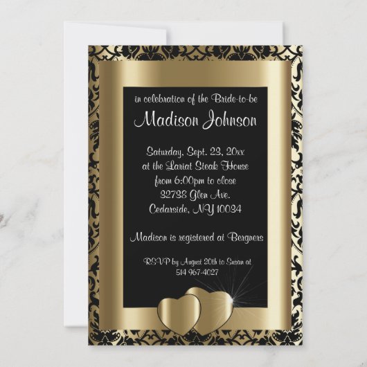 Bruidslunch in zwart Damast & Metallic Gold Kaart (Achterkant)