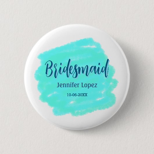 Bruidsmeisje blauw groen waterverf naam toevoegen  ronde button 5,7 cm (Voorkant)